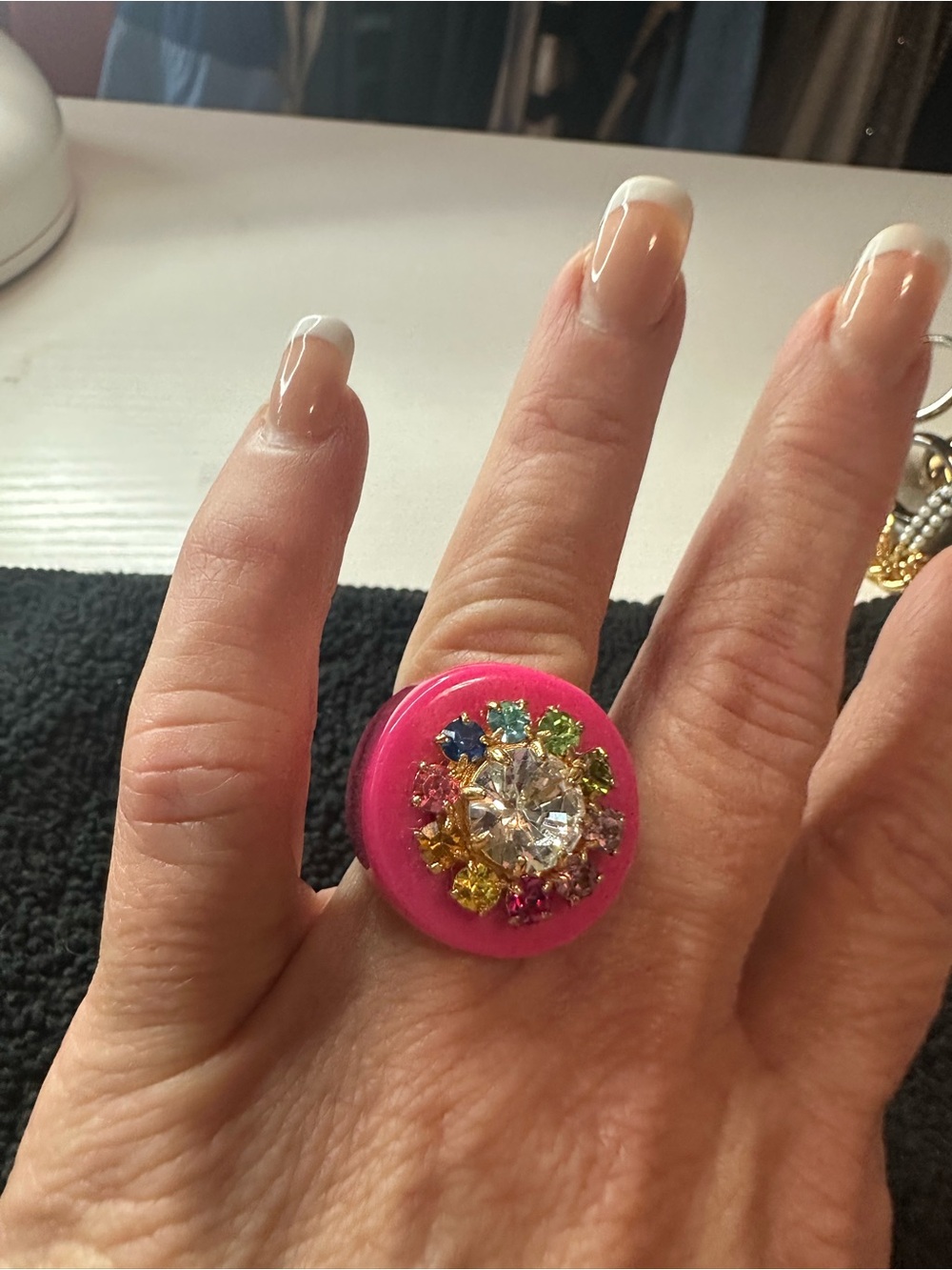 Kurt Geiger Hot Pink Statement Ring with Multicolor Crystal Cluster